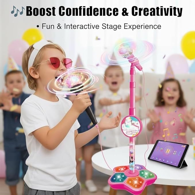 The All-in-One Microphone Toy, Kids Microphone with Stand, Adjustable Stand, Speaker & LED Lights, Funny Karaoke Microphones Toy for Singing, Boys & Girls (Black*Blue)