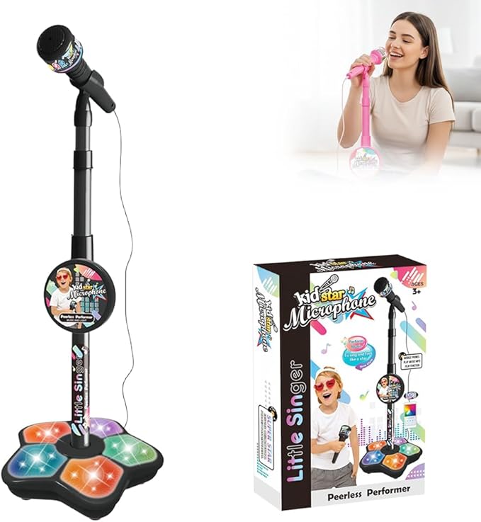 Kids Star Microphone with Stand, All-in-One Portable Karaoke Machine, Colorful Lights & Echo Effects, Easy-to-Use Singing Toy for Birthday Parties & Music Play (Black)