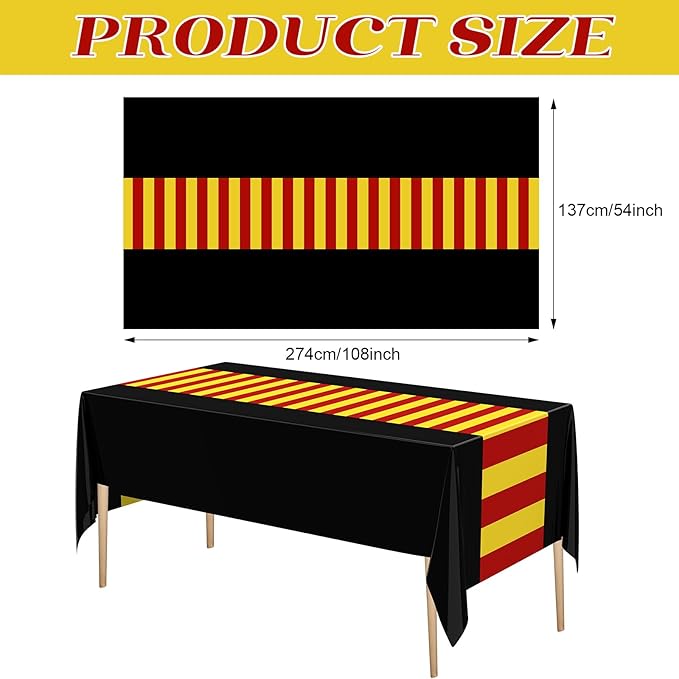 Oudain 3 Pcs Wizard Tablecloth 54 x 108 Inches Plastic Black Table Cover Red Golden Tablecloth Disposable Magical Party Supplies for Halloween Witch Birthday Party Decoration (Black Stripes)
