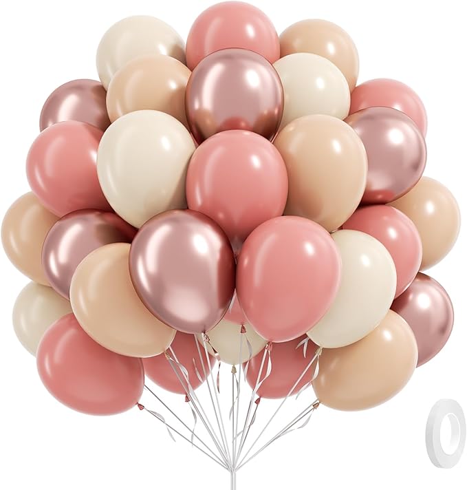 60pcs Dusty Pink Balloons, Blush Pink Dusty Rose Nude Ivory White Metallic Rose Gold Balloons for Boho Baby Shower Birthday Party Wedding Bridal Shower Party Decorations