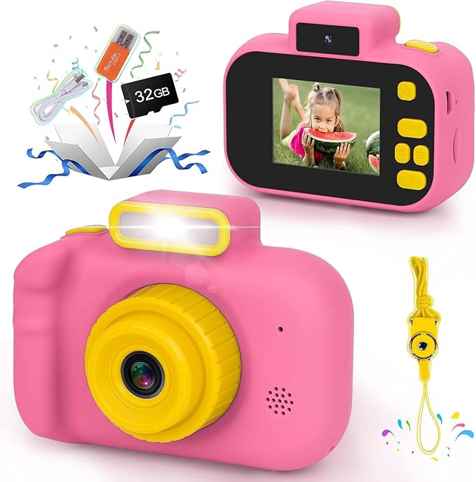 Kids Camera, Toddler Selfie Digital Pink Camera Birthday Toys Gift for Girls Age 3-9, Portable Kids HD Digital Video Recorder with 32G SD Card, Toys for 3 4 5 6 7 8 9 Year Old Kids