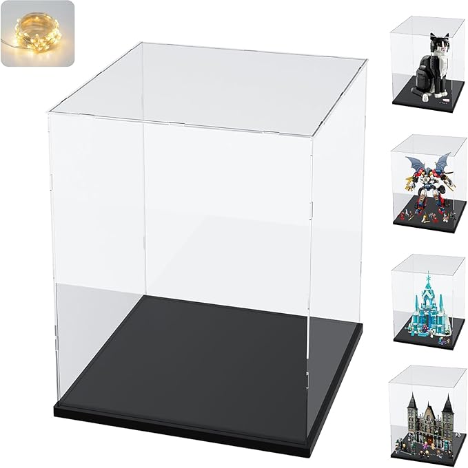 Thickened Clear Acrylic Display Case with Wood-Plastic Base for Lego 21349 71834 76453 43244 Collectibles Transparent Box Self-Assembly for Figures Toys with Light, Black Inside 11.8x11.8x15.7 inch