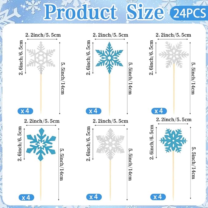 Snowflake Cupcake Toppers, 24PCS Glitter Winter Frozen Cupcake Picks Cake Decorations, Blue and Silver Snowflake Food Picks Topper for Christmas Winter Wonderland Baby Shower Party Decoration Supplies
