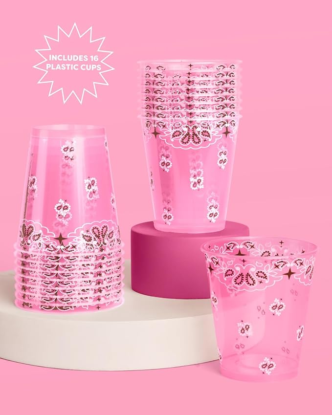 xo, Fetti Cowgirl Plastic Cups - Set of 16, 12oz | Western Party, Pink Cowgirl, Rodeo Cups, Bandana Print, Girls Birthday, Boot Decorations