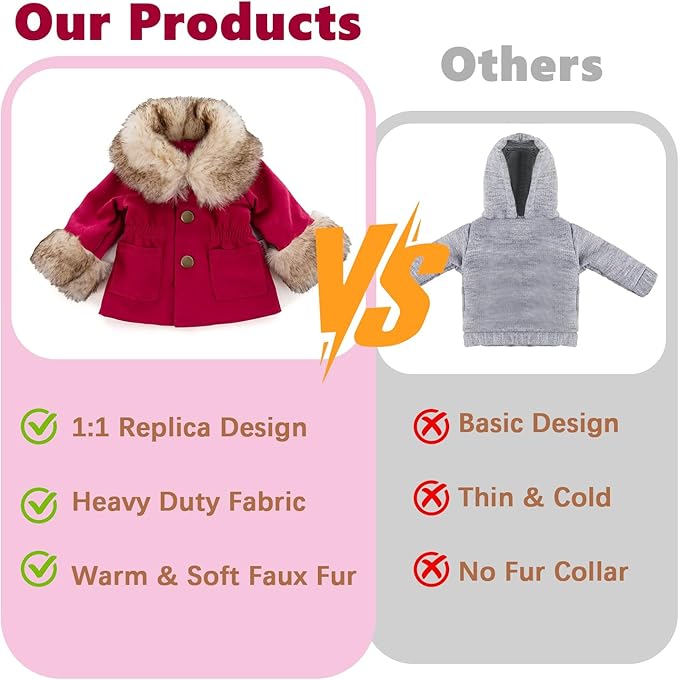 American 18 Inch Doll Clothes Set, 5-PC Fashion Red Winter Coat Set Includes Warm Coat, Shirt, Jeans, Pink Knit Hat & Knit Scarf, Outfits Casual Wear(Doll NOT Included)