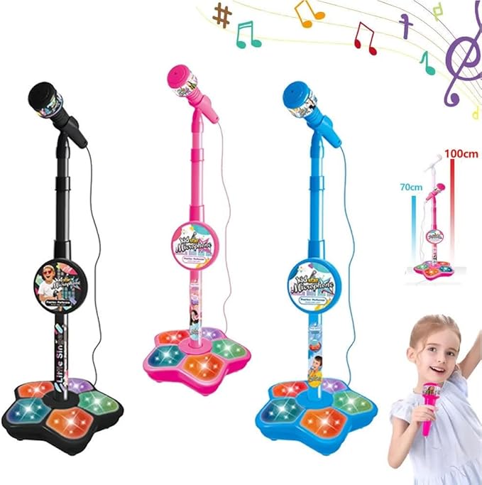 The All-in-One Microphone Toy, Kids Karaoke Microphone with Stand with Colorful Lights, Echo Effects, Adjustable Stand, Fun and Easy-to-Use, Christmas Birthday Gifts for Little Singers (Pink 1Pc)