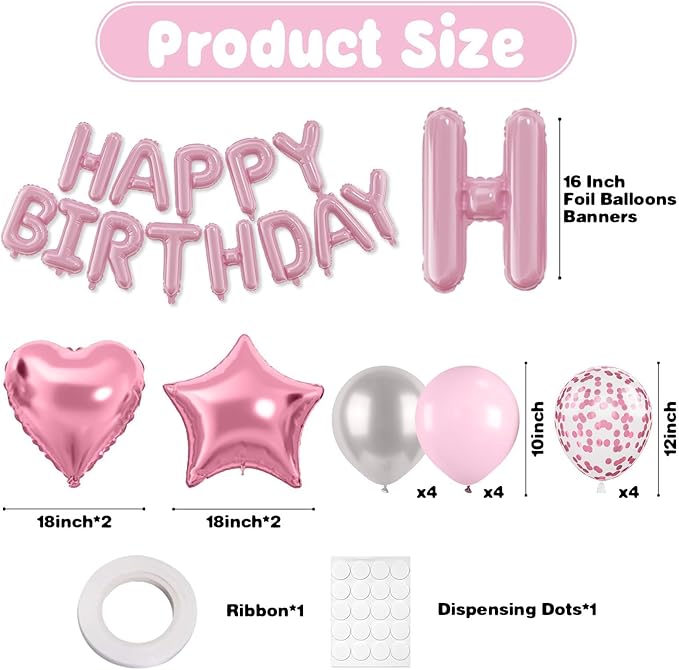 29PC Pastel Pink Happy Birthday Balloons Banner, 16 Inch Aluminum Letter Banner Sign, Pink Silver Confetti Balloon 18 Inch Star Heart Foil Balloon for Women, Girls Birthday Party Supply