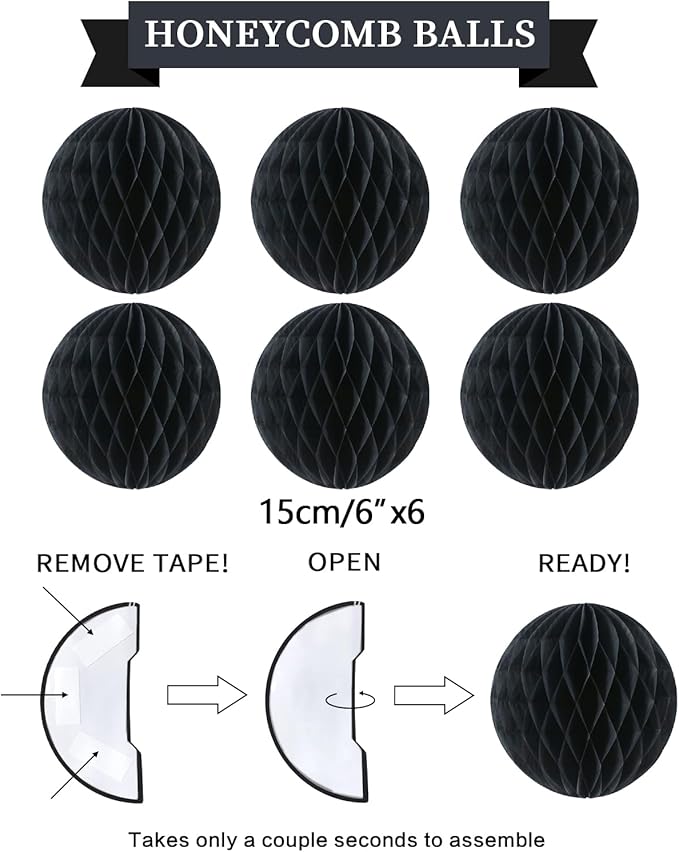 Black Birthday Decorations Kit - 16-Piece Set with Pre-Strung Happy Birthday Banner, Honeycomb Balls, Garland & Swirls | Black Theme Party Supplies for Men Women Girls Kids, Teens Adults
