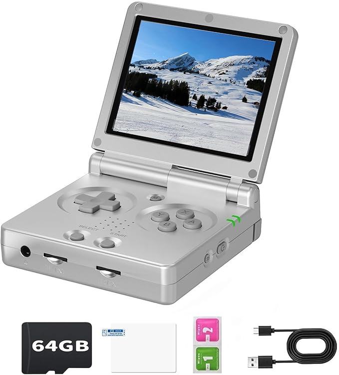 RG35XXSP Flip Retro Game Console,3.5 Inch IPS Screen 640x480,Built-in 64GB TF Card,with 3300mAh Battery Linux System Classic Consoles,Support HD and TV Output Casual Game Console(Silver)