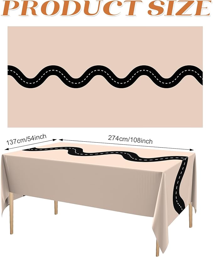 Irenare 3 Pcs Racing Table Cloths Car Birthday Party Supplies 54 x 108 Inch Racetrack Table Runner Covers Disposable Rectangular Road Tablecloth for Kids Boy Car Theme Party Decor (Khaki)