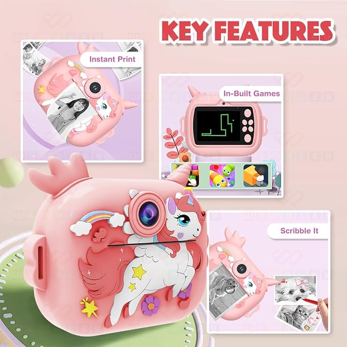 Wembley Kids Camera Instant Print with Dual Lens | Birthday Gift Toys for Boys & Girls 3–10 Years | Unicorn Digital Toddler Camera Thermal Printer | Selfie & Video | Rechargeable | 32GB SD Card Pink