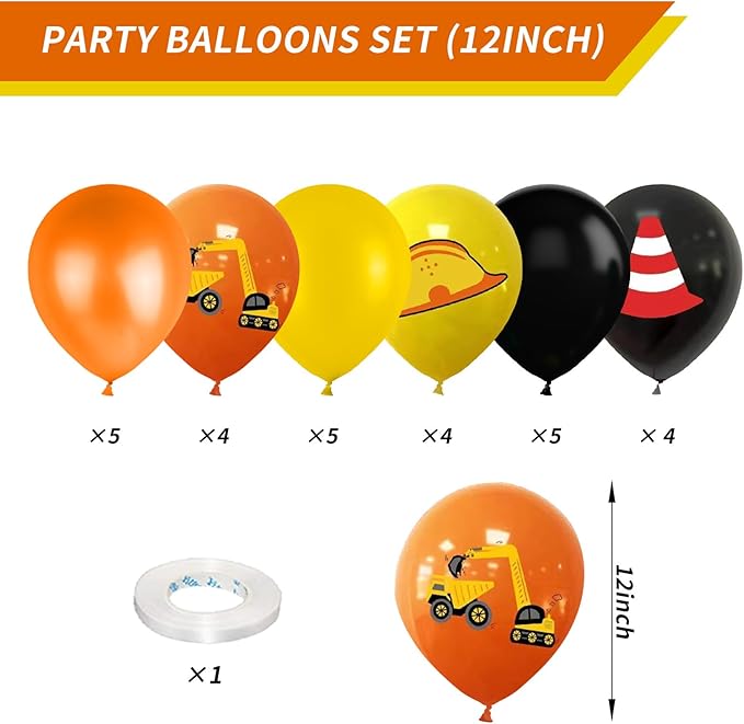 Construction Balloons, 12 inch Black Orange Yellow Balloons,Excavator Helmet Warning Printed Latex Balloons for Construction Party Birthday Truck Theme Baby Shower Boys Party Supplies