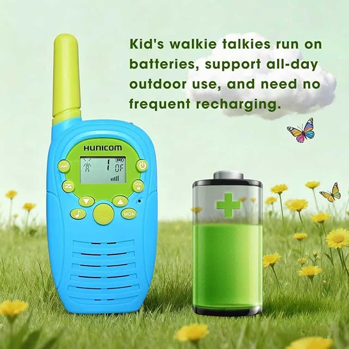 HUNICOM Kids Walkie Talkies with 3KM Range, 99 Privacy Codes, VOX Hands-Free, Built-in Flashlight & 10 Call Tones – Ideal for Outdoor Adventures, Family & Team Use (Blue)
