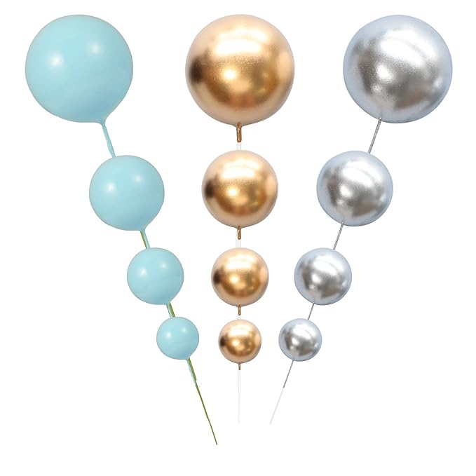 Gyufise 30Pcs Mini Balloon Cake Topper Foam Ball Cake Picks Decorations Faux Pearl Balls DIY Cake Topper Decoration for Baby Shower Wedding Anniversary Birthday Party Supplies Gold Silver Blue