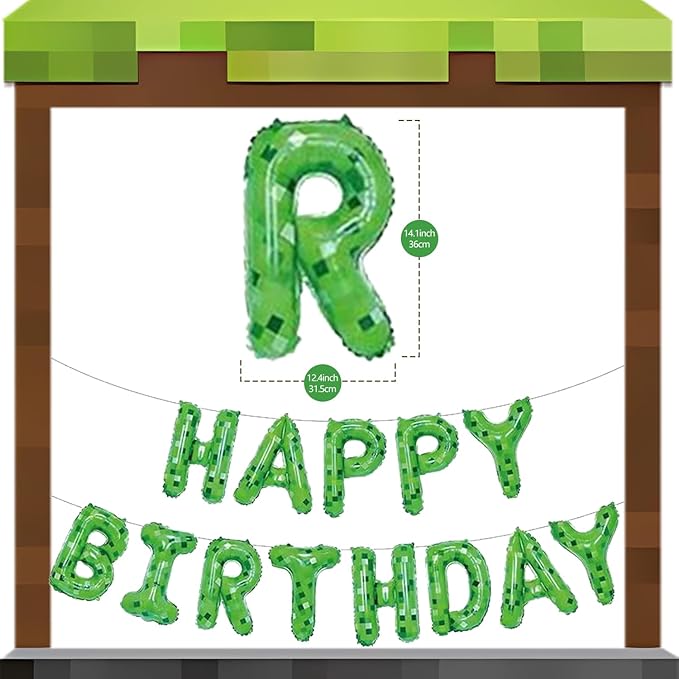 Green Pixel Miner Theme Happy Birthday Balloons Banner 16 Inch Letters, Inflatable Party Decor and Birthday Decorations for Women, Men, Boys & Girls Kids and Adults, Party Supplies