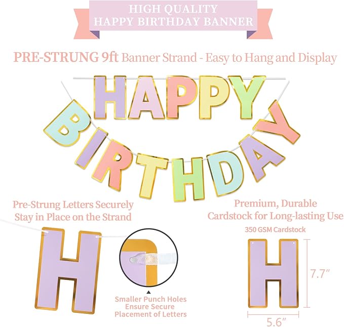 Pastel Birthday Decorations Kit - 17-Piece Set with Pre-Strung Happy Birthday Banner, Honeycomb Balls, Garland & Swirls | Macaron Theme Party Supplies for Women Girls Kids, Teens Adults