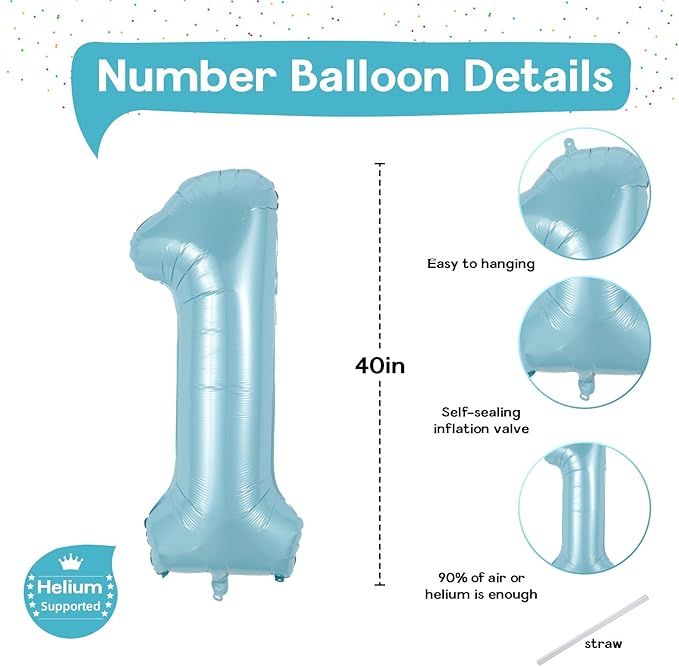 Light Blue 1 Balloon Number for 1st Birthday, 40 Inch Large Number Foil Balloons, Self Inflating for Kids Boys Men Age Birthday Party Anniversary Party Decoration Supplies