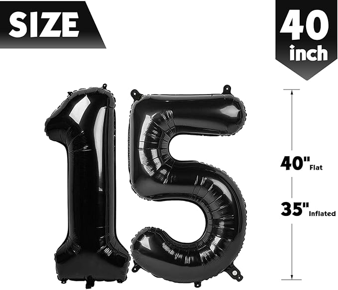 40 Inch Black Number 15 Balloon, Giant Number 15 Balloons for 15th Birthday Decorations, Party Supplies for Baby Boy Girl, Black Party Decor