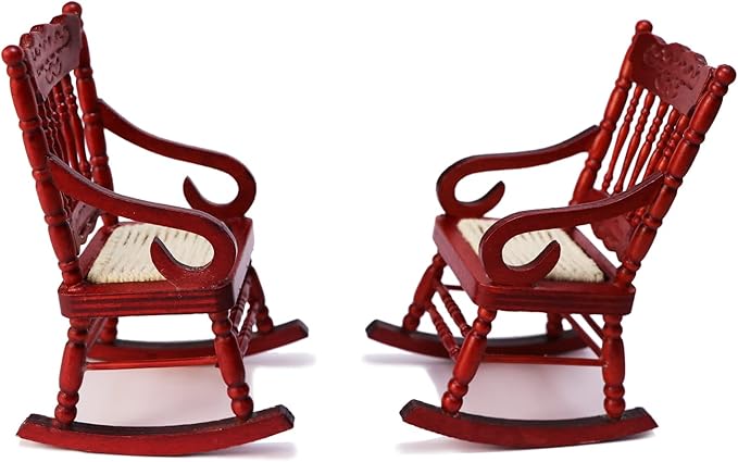 Dollhouse Chairs 2PCS Miniature Rocking Chair 1:12 Scale Wooden FurnitureAccessories Tiny Mini House Home Outdoor Decoration ModelLiving Room Scene Christmas Craft Displays (Red)
