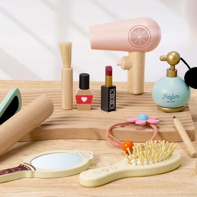 Atoylink Wooden Makeup Toy Set, 15Pcs Hair Salon Girl Toys Toddler Pretend Play Makeup Kit with Plush Makeup Bag Princess Beauty Realistic Accessories for Girls Age 3 4 5 6 Birthday Gifts