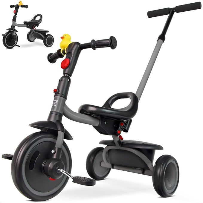 Tricycle for Toddlers 18 Months to 5 Years with Removable Push Handle, Tricycles for 3-5 Year Olds Ideal for On-The-Go Families, Adjustable Carry-Friendly Seat, Grey