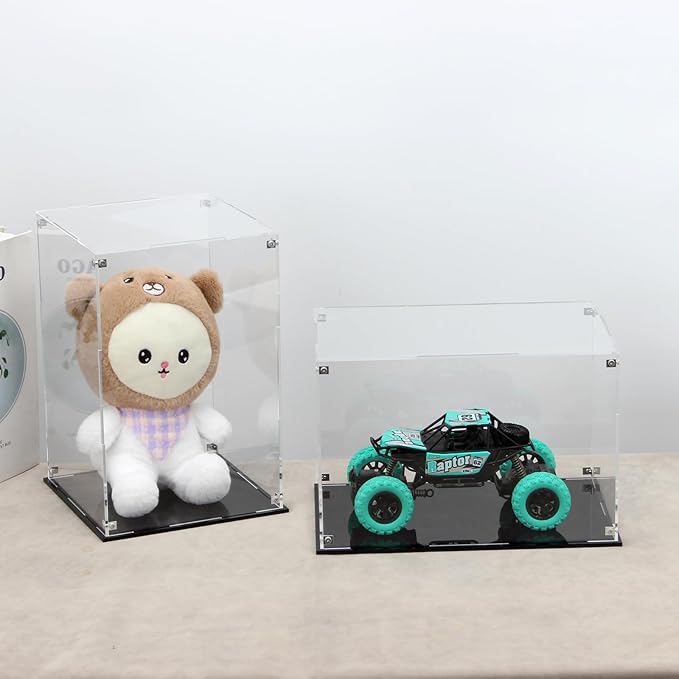 Self Assemble Acrylic Display Case with Black Base, Clear Acrylic Box Countertop Box Glass Case for Collectibles, Rectangle Box with Black Stand for Display Dolls Models Figures, 8x8x12In