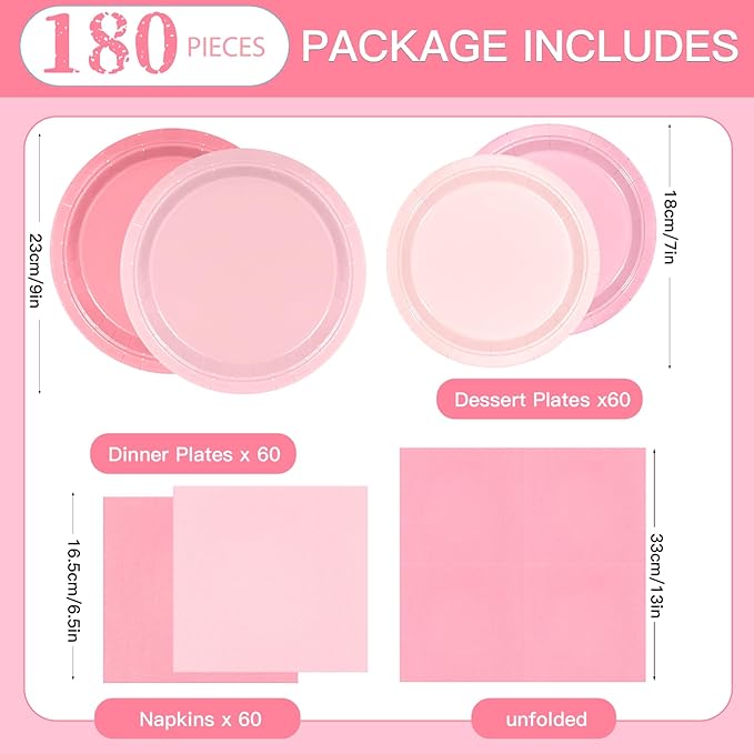 180Pcs Pink Paper Plates Party Supplies Boho Paper Plates and Napkins Serve 60 Disposable Tableware Set for Birthday Party Decorations Game Day Family Holiday Sports Events