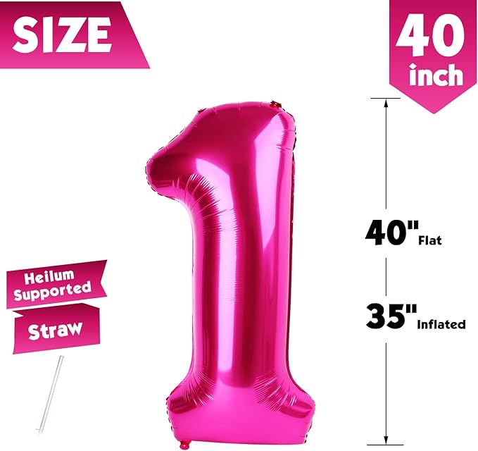 40 Inch Hot Pink Number 1 Balloon, Giant Number 1 Balloons for 11th 12th 21st Birthday Decorations, Party Supplies for Baby Boy Girl, Hot Pink Party Decor