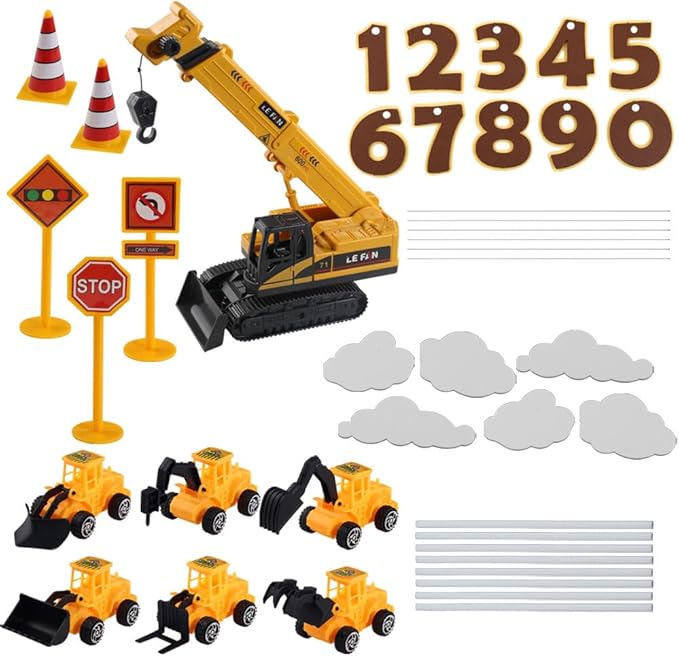 RUIYDZ 28pcs Construction Cake Topper Birthday Cake Toppers Construction Birthday Party Supplies Large Crane Excavator Traffic Sign Cake Decorating Kit Construction Toys Birthday Party Favors