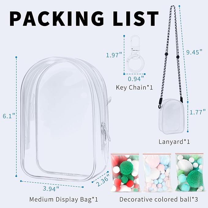 Protective Case for Labubu Plush Doll, Clear Hanging Display Bag with Keychain, Toy Storage Box carrier, PVC Transparent Figure Cover, Carrying Pouch Accessory(Doll Not Include) (Medium 6.1")