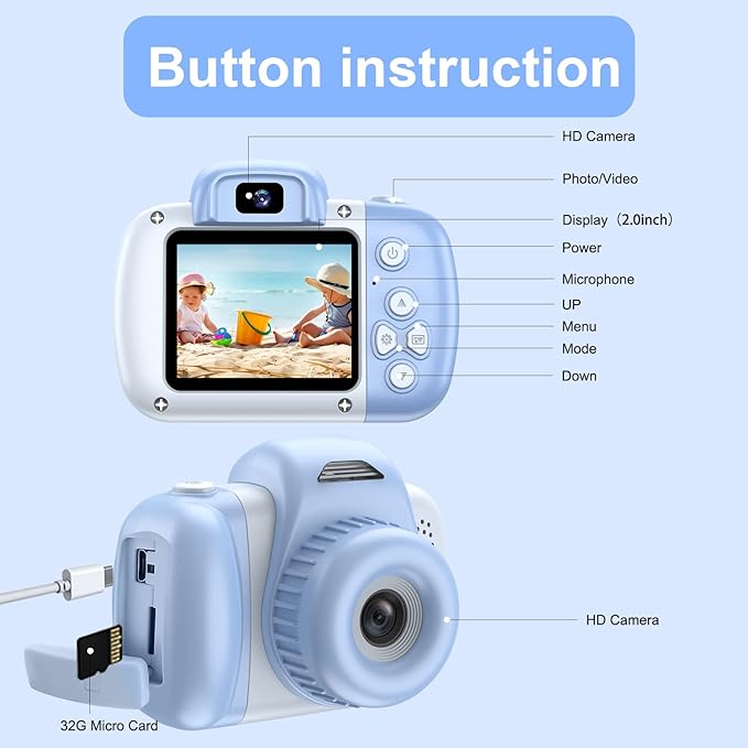 Goopow Mini Kids Camera Toys for 3 4 5 6 7 8 Year Old Girls Boys, Toddler Children Digital Video Camcorder Camera, Best Chritmas Birthday Festival Gift for Kids - 32G SD Card Included NK-Lightblue