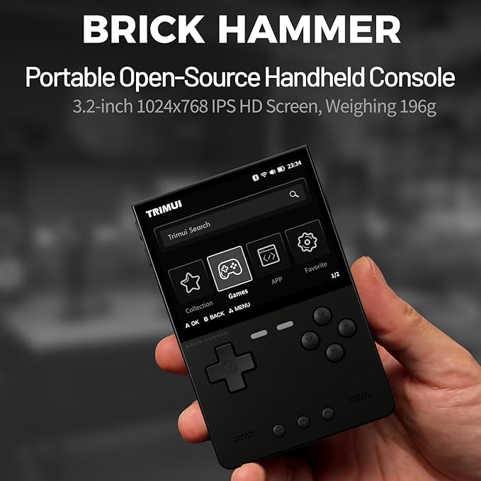TRIMUI Brick Hammer Retro Handheld Game Console – Metal CNC Aluminum Alloy Body, 3.2" IPS Screen, 8GB Storage, Expandable to 1TB, Built-in 3000mAh Battery Black-64G