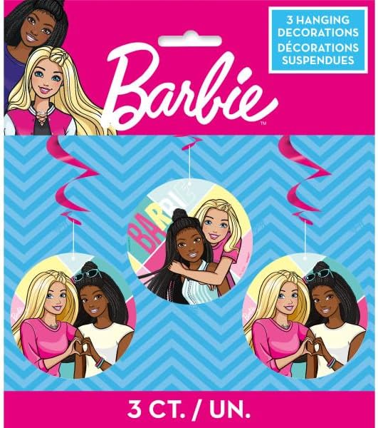 Barbie Birthday Party Supplies Bundle includes 1 Happy Birthday Banner, 3 Hanging Swirl Decorations, 1 Dinosaur Sticker Sheet