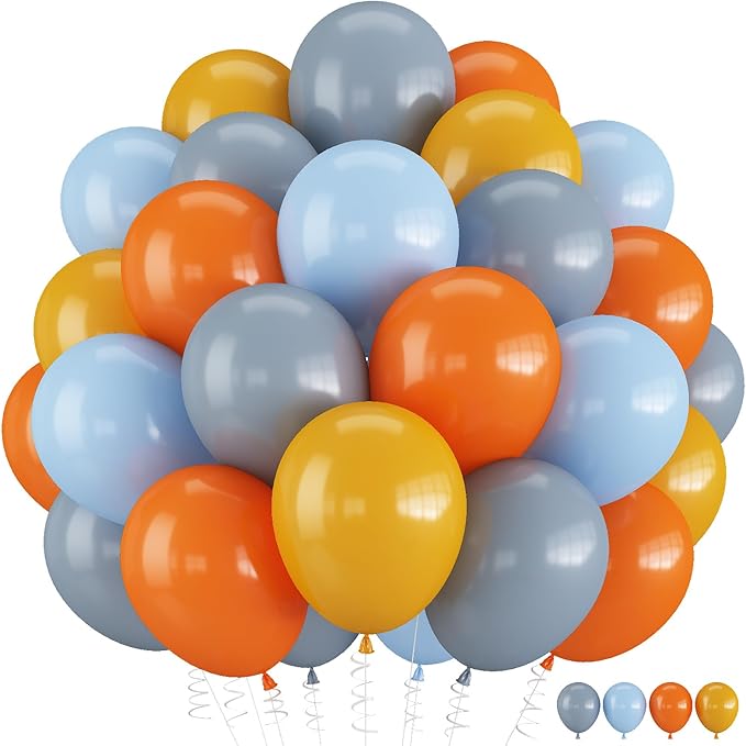 Construction Theme Balloons, 12 inch Orange Yellow Dusty Blue Latex Balloon for Construction Birthday Truck Excavator Theme Boys Transportation Party Supplies