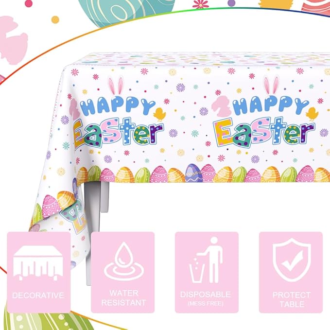 3 Pcs Easter Bunny Tablecloth Decorations Happy Easter Decorations Colorful Rabbit Eggs Spring Plastic Tablecloth Family Table Cover 108 x 54 Inch