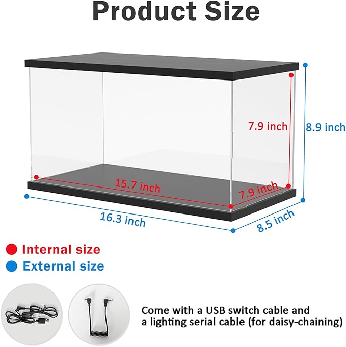 Nynelly Acrylic Display Case for Collectibles with Light, Clear Display Boxes for Lego 42204 10295 42176 10330 21339, Model Car Display Case, Dustproof Storage Showcase for Figurine, 15.7x7.9x7.9in