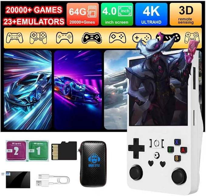R36Max Retro Handheld Game Console,4-inch IPS OCA HD MIPI Screen, Open Source Linux System and 20000+ Games, Built-in 64GB TF Card Portable Video Gaming Console. (White)