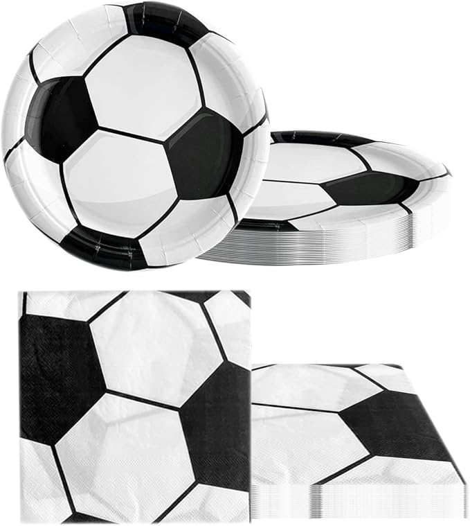 Soccer Party Tableware ,16 Plates and 16 Napkins and Tablecloth 71 '' x 42 ''Soccer Sports Themed Birthday Decorate Supplies