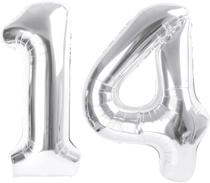 Number 14 Balloons, Large 14th Silver Birthday Decorations for 1 4 14 41, 40 Inch Foil Balloon for Wedding Engagement Photo Shoot Memorial Day's Supplies