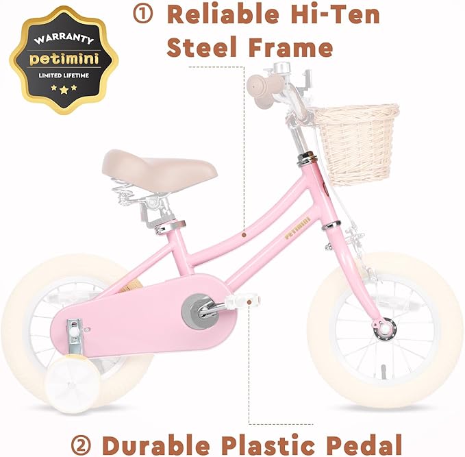 Petimini Vintage Kids Bike for Girls, 12–20 Inch Classic Bicycle with Wicker Basket & Bell, High Tensile Steel Frame, Training Wheels (12–18”), 85% Pre-Assembled, Retro Bike for Outdoor Riding