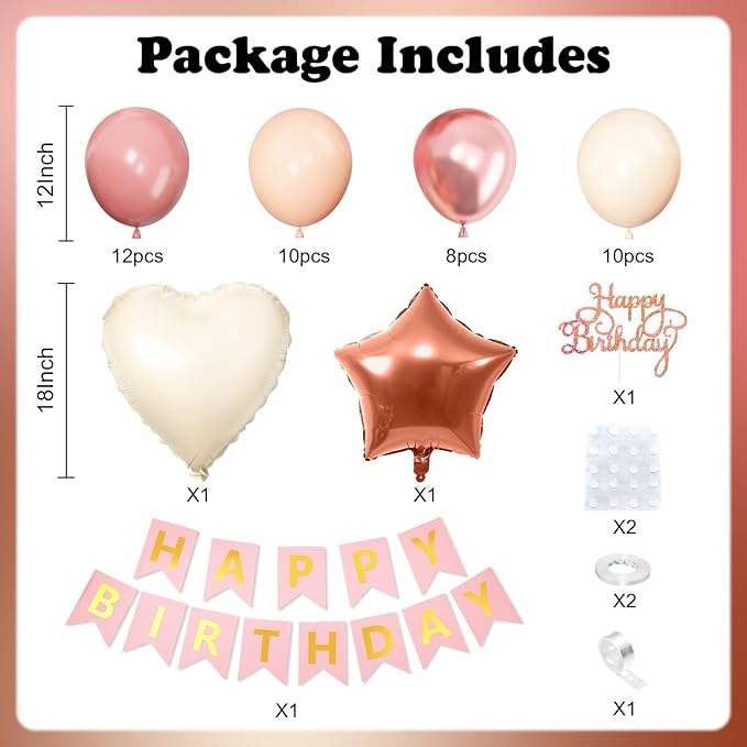 Dusty Pink Birthday Decorations,Rose Gold Sand Boho Balloons Decor Happy Birthday Banner Cake Topper Star Heart Foil Balloon for Women Girl Baby Shower