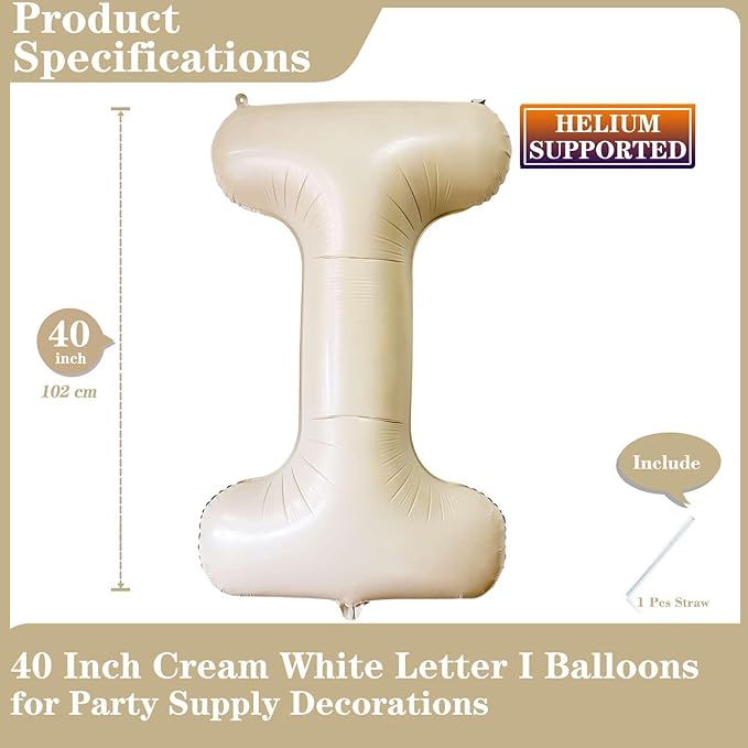 Lovoir 40 Inch Cream White Letter I Balloons, 1 Pcs, Unisex Adult, Boys, Girls, Alphabet, Self Sealing, Thickened Foil Material, General Celebration, All Ages