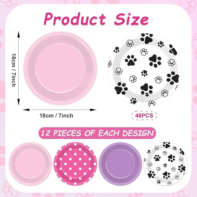 48Pcs Pink Paw Print Party Paper Plates for Dog Birthday Party Decorations 7" Puppy Dog Girl Party Disposable Dessert Plates for Pink Dog Themed Girls Birthday Baby Shower Party Supplies Favors