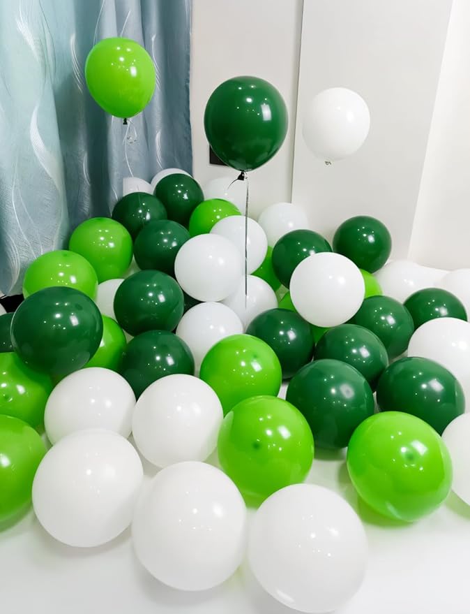 Green and White Balloons, 60 Pcs 12 inch Dark Green Balloons White Party Balloon Natural Latex Balloon for St Patricks Day Decorations, Jungle Safari Birthday Baby Shower Party Supplies