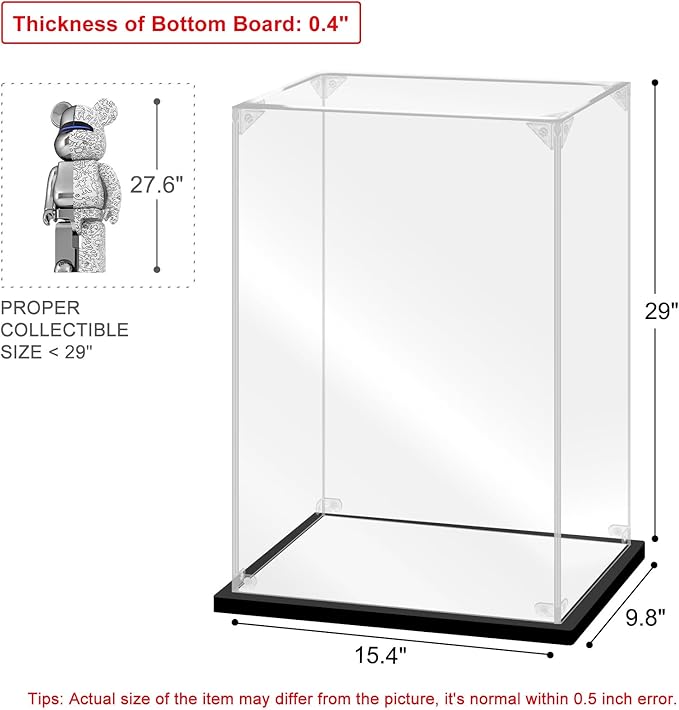 Acrylic Display Case for Collectibles Assemble Display Box for Bearbrick 1000% Clear Acrylic Case for Display Lego Toys Dolls Action Figures Storage(Black,15.4*9.8*29.1 inch)