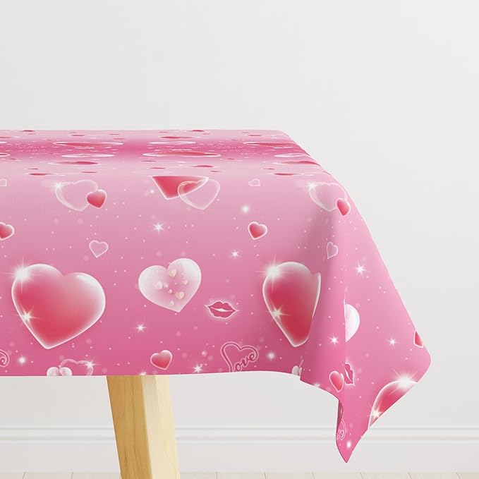 Happy Valentine’s Day Tablecloth with Heart Pattern, 54x108 Inch Disposable Plastic Tablecloth, Romantic Love Table Cover for Dining Table, Valentine Party Decoration for Home, Holiday Dinner