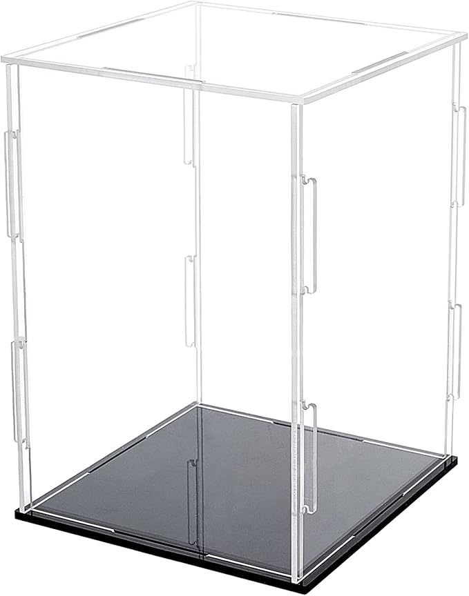 FINGERINSPIRE Acrylic Box with Black Stand and Rubber Band, 4x4x6 inch Cube Clear Acrylic Display Cases for Collectibles, Self-Assembly Dustproof Countertop Box for Toys and Collections