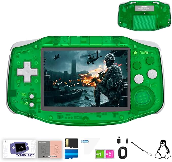 RG 34XX Retro Handheld Game Console Linux 64-bit 3.4 inch IPS Screen 32+64G Card RG 34XX Portable Gaming Console 5000+ Preloaded Games 3500mAh Battery Compatible with WiFi HDMI Bluetooth Green