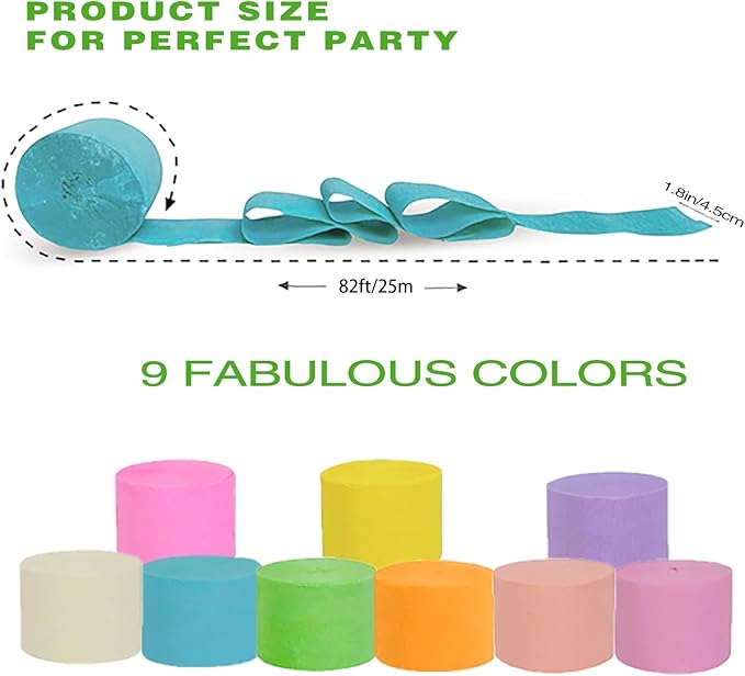 Crepe Paper Streamers 9 Rolls 738ft,Pack of Rainbow Assorted Colored Party Streamers,9 Colors Streamers Party Supplies, for Birthday Decorations,Rainbow DIY,Wedding Baby Shower (1.8 Inch x 82 Ft/Roll)
