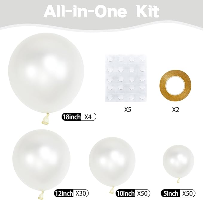 Pearl White Balloons Different Sizes 5 10 12 18 Inch, 134 Pcs White Balloon Garland Arch Kit, Royal White Latex Balloons for Birthday Wedding Baby Shower Party Decorations. Pearl white